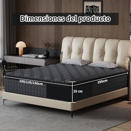 Colchones Matrimoniales 25 CM Memory Foam Híbrido en Caja – Gel Refrigerante, Alivio de Dolor de Espalda, Firmeza Media, Soporte Ergonómico, Sueño Fresco y Confortable, Antiácaros, 190x135cm，Negro