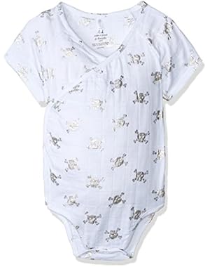 Baby Boys Short Sleeve Kimono Body Suit, metallic silver skulls, 6-9M