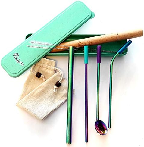 Stainless Steel Straws Rainbow, Reusable Eco Set of 4 Straws – Standard, Bent, Spoon & Boba Straw, 2 Cleaning Brushes, with Travel Carry Case & Single Straw Bamboo Case, for Home, Office or Travel