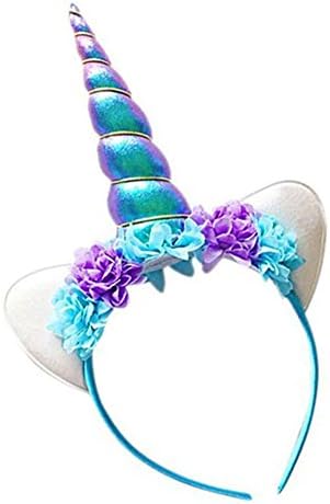 CREATEASY Unicorn Headband Shiny Unicorn Horn Lace Flowers Ears Headband Unicorn Birthday Party Decoration Cosplay Costume (Glitter Blue)