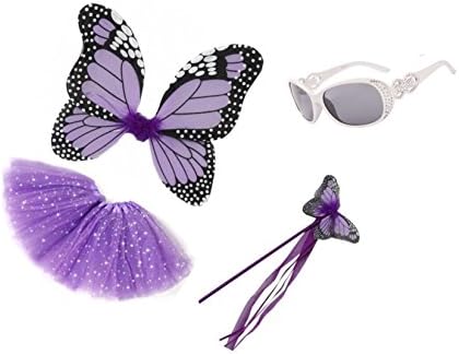 Monarch Butterfly Fairy Wings Dress Up Accessory Set with Wings Wand Tutu and Sunglasses (PURPLE)