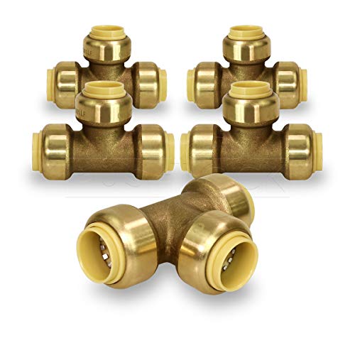 Pushlock UPET34-5 Tee Pipe Fittings Push to Connect Pex Copper, CPVC, 3/4 Inch, Brass Pack of 5