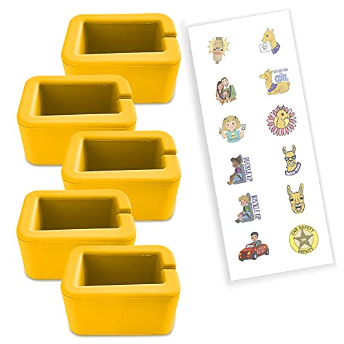 BPA-Free Car Seat Belt Buckle Booster Yellow - Raises and Stabilizes Your Receiver - Fun Kid Safety Sticker Gift (Short (Wrap Around Buckle), 5-Pack)