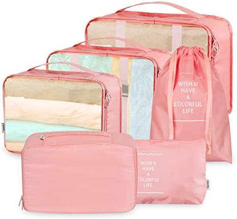 CORESLUX 6 Pieces Travel Packing Cubes, Waterproof Storage Bags with Make Up Bags, Polyester Luggage Organizer for Clothes, Socks, Cosmetics, Bra, Underwear