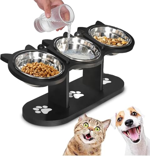 Last page® Raised Feeding Bowl, Cat and Dog Indoor with Black Stand, 3 Stainless Steel Adjustable Height Pet Feeding Set, 15° Tilt Raised Dog Bowl Stand (Black)