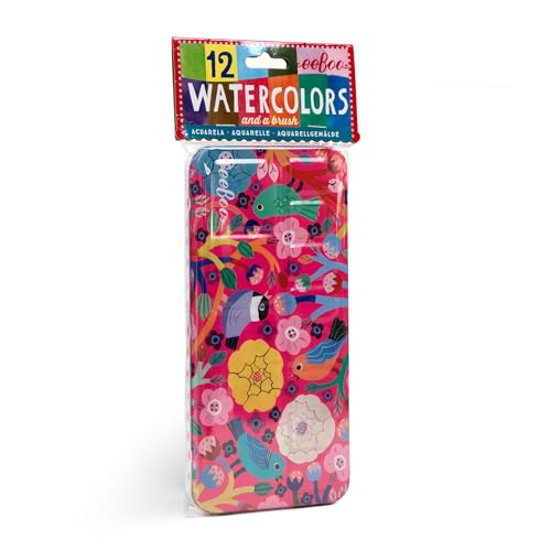 eeBoo: Birds in Fuchsia 12 Watercolors - Paint Set w Brush, Beautiful Design Tin Box, 12 Vibrant Colors, Kids Art Supplies, Ages 3+