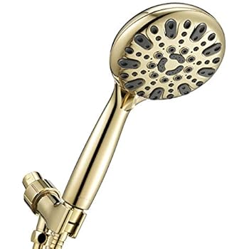 Couradric Handheld Shower Head, 6 Spray Setting High Pressure Shower Head with Brass Swivel Ball Bracket and Extra Long Stainless Steel Hose, Polished Brass, 5