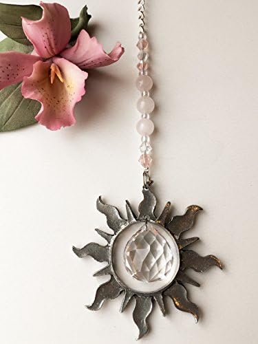 Rear View Mirror Rose Quartz Crystal Car Charm Sun Catchers, Pewter Sun Window Sun Catcher with Crystal Ball Prism and Rose Quartz Gemstones, Window Ornament,Suncatcher,Feng Shui Rainbow Maker