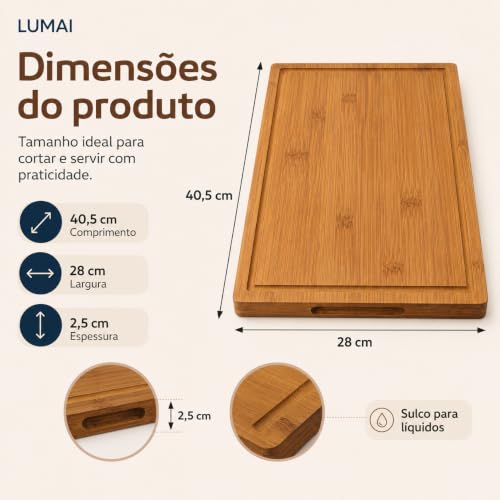 LUMAI Tábua de Bambu Premium Hanói, Dupla Face, Impermeabilizada, 2,5cm | Para Cortar e Servir, Espessura Reforçada, Bambu Verticalizado Premium com Sulco para Líquidos, Cozinha e Churrasco
