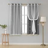 Deconovo Mix and Match Curtain Set 2-Piece Silver Raindrops Foil Print Grommet Blackout Curtains Grey and 2-Piece White Voile Sheer for Bedroom with Grommet Top