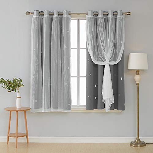 Deconovo Mix and Match Curtain Set 2-Piece Silver Raindrops Foil Print Grommet Blackout Curtains Grey and 2-Piece White Voile Sheer for Bedroom with Grommet Top