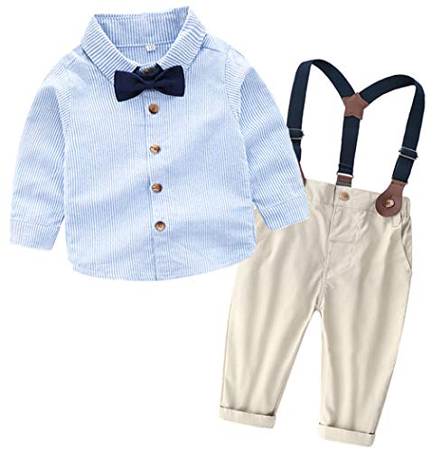 Toddler Dress Suit Baby Boys Clothes Sets Bowtie Shirts + Suspenders Pants 3pcs Gentleman Outfits Suits 6Month - 6Years (Light Blue, 18-24M)