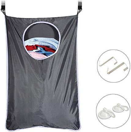 Dadiii Laundry Hamper Bag, Space Saving Hanging Laundry Nook Door with 2 Strong Suction Cups and 2 Stainless Steel Door Hooks for Closets, Bedroom, Bathroom (Grey)