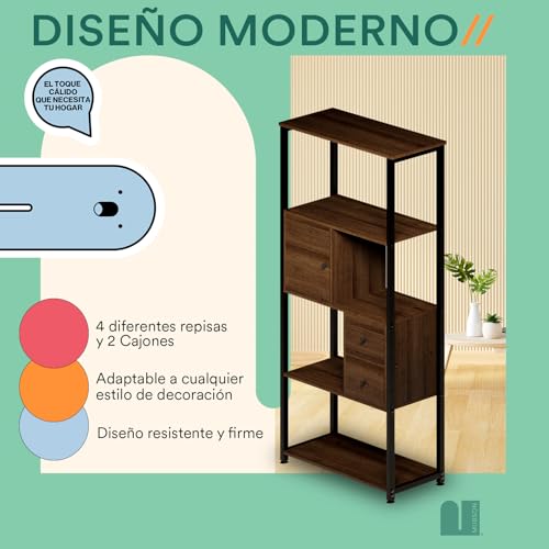 MUBSON Estante Organizador de 4 Repisas con Cajones Organizadores para Sala, Recamara o Estudio. Librero Minimalista Greto con Altura de 158 cm. Estanteria. Bookshelf Decor. Shelf Organizer
