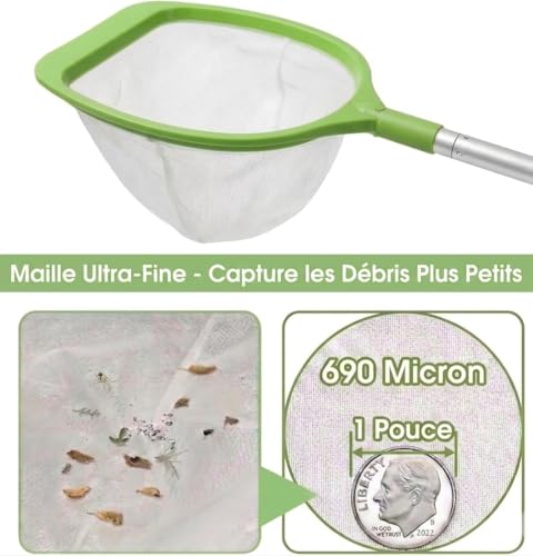 KGC Épuisette de Surface avec Manche Réglable 69 CM – Filet à Mailles Ultra Fines à Longueur Réglable pour Piscine, Étang et Spa, Idéal pour Bassins Autoportants et Compatible avec Bestway, Vert