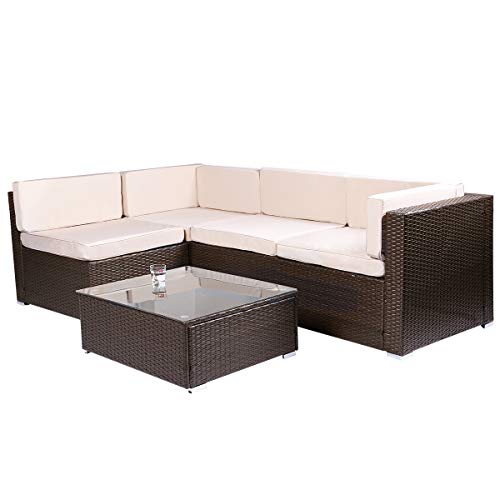 Esright 5 Pieces Patio PE Rattan Wicker Sofa Sectional Furniture (Brown)