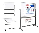 Magnetic Mobile Whiteboard Large On Stand Double Sided Flip Over Dry Erase Reversible Portable Home Office Classroom Board 36 x 48” Inch with 4 Markers 12 Magnets Eraser and Ruler Easel Aluminum Frame