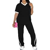 PINSV Women's 2 Piece Outfits Lounge Set V Neck Short Sleeve Top and Wide Leg Pants Tracksuit Casual Sets