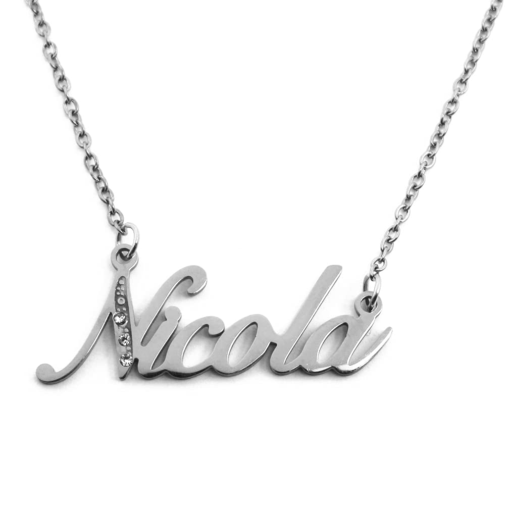 Kigu Name Necklace Nicola - Silver Tone - Custom Name Necklace - Personalised Jewellery for Ladies- Customised Jewellery for Girls- Custom Pendant Nicola