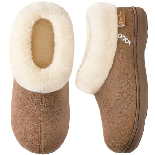 EverFoams Ladies' Micro Suede Memory Foam Slippers with Fluffy Faux Fur Collar and Indoor Outdoor Rubber Sole Tan, Size 7-8 UK