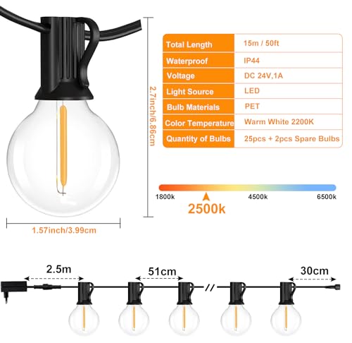 Outdoor Fairy Lights with Remote Control - 15 m LED Fairy Lights Dimmable G40 Bulbs, 4 Modes and Timmer Function, Waterproof for Outdoor Garden Balcony Patio Party Camping Wedding