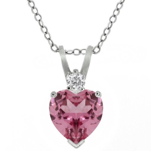 925 Sterling Silver Pink Tourmaline and White Topaz Heart Shape Pendant 18"