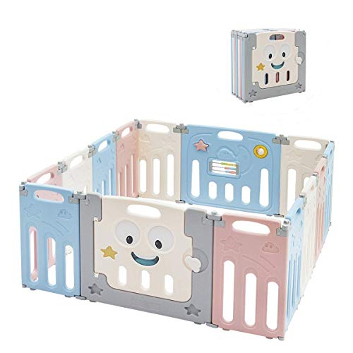 Costzon Foldable Baby Playpen, 14Panel Baby Play Yards with Lock Door & AntiSlip Rubber Bases
