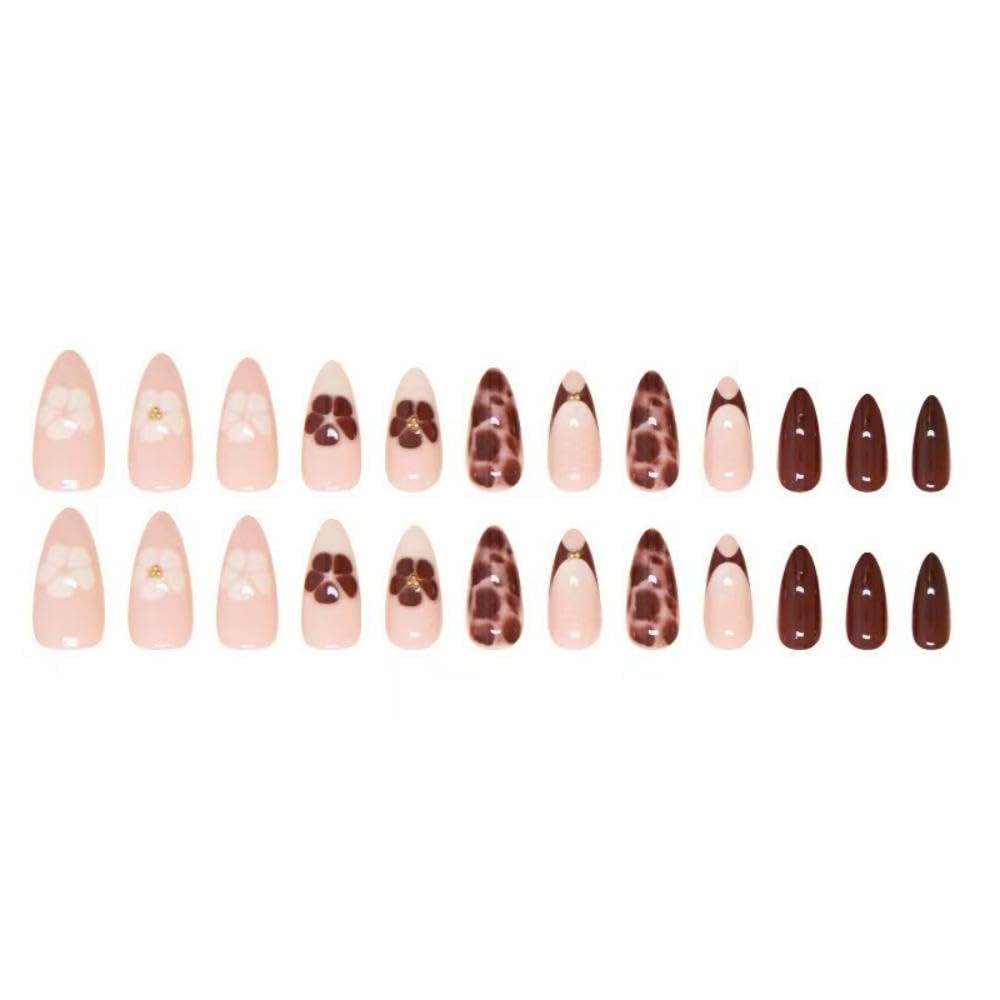 Brown Press on Nails Nude fake Nails with Glitter Design Flower Glue on Nails Artificial Acrylic Nail Full Cover Glossy Stick on Nails Medium Almond False Nails for Women Manicure 24Pcs - Image 2