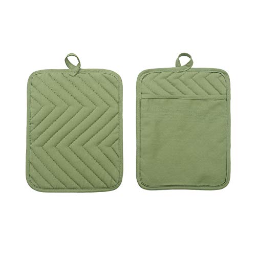Anyi Oven Pot Holders with Pocket, 100% Cotton Oven Mitts Oven Pads with Feature of Heat Resistant Potholders Non Slip for Cooking Baking, Set of 3 (Green) - Thumbnail 2