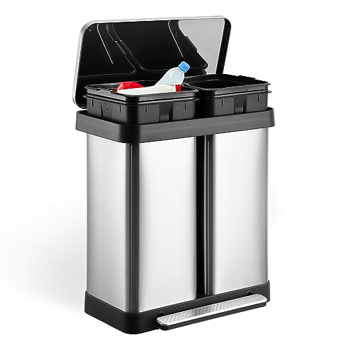 Garvee 16 gal Dual Trash Can, Stainless Steel Kitchen Garbage Can with Soft-Clo…