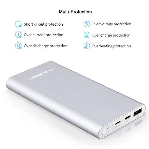 FLOUREON 12000mAh Power Bank Portable Cell Phone Fast Charging External Battery Pack with Type C and Lighting for iPhone,iPad, Samsung and More (Silver)