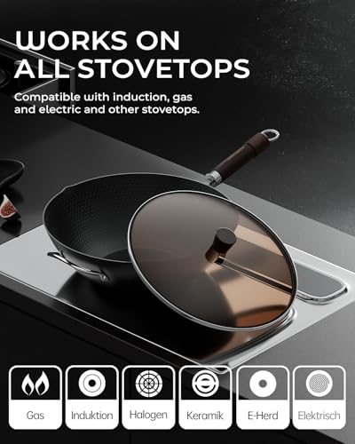 Armorbear 34cm Carbon Steel Wok Pan, Tripol Nitrided, Pre-seasoned Flat Bottom Wok, Non-Stick Japanese Wok with Glass Lid for All Stove Tops