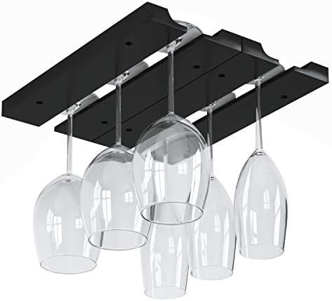 Rustic State Under Cabinet Wooden Hanging Wine Glass Holder by ArtifactDesign Adjustable 2-Sectional Stemware Storage Rack Black