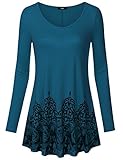 Laksmi Floral Tops for Women, Basic Floral Print Flowy Long Sleeve Round Neck A Line Vintage Tunic Shirts (Medium, Dark Cyan)