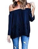 SmallDragon Women's Sexy Lace Crochet Off Shoulder Long Sleeve Casual Blouse Tops (X-Large, Navy)