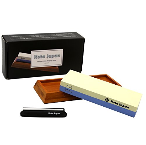 Kota Japan Premium Sharpening Stone 600-3000 Whetstone Knife Sharpener. EASY USE eBook & Blade Guide. No-Slip Bamboo Wood Base. GUARANTEED to Give You Razor Sharpness.