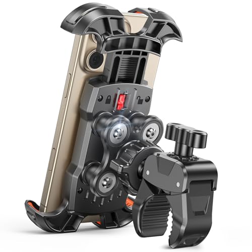 Rolgno Mobile Phone Holder for Motorcycle, [Dumper Anti-Vibration & 1S Lock] Mobile Phone Holder Bike Handlebar, 360° Rotatable Motorcycle Phone Holder with Shock Absorbers, Compatible iPhone, Galaxy