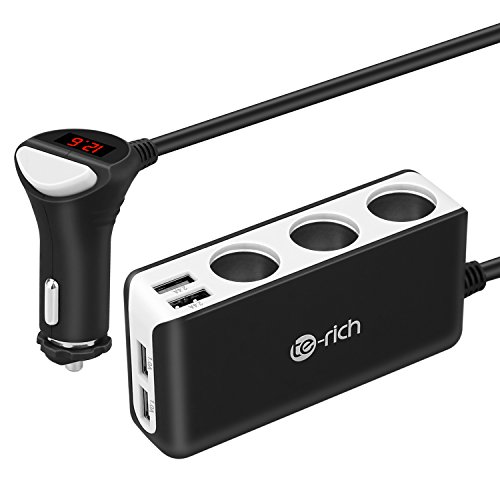 Te-Rich 3-Socket Cigarette Lighter Power Adapter DC Outlet Splitter Extender 6.8A 4 Port USB Car Charger for Cell Phones, Dash Cam, GPS and More