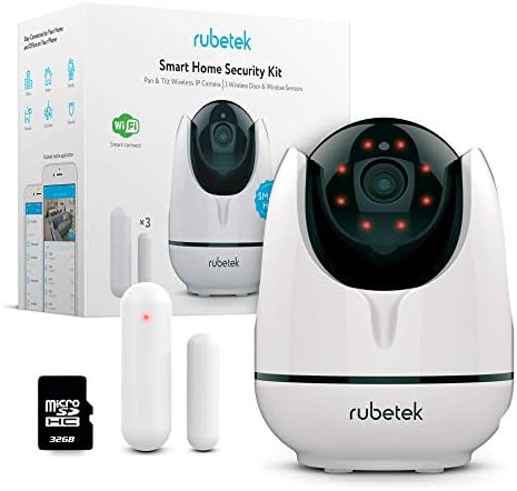 WiFi Pan Tilt Home HD Security Camera-Indoor Wireless IP Security Surveillance DIY System Kit for Home Baby Pet Nanny Monitor with Free 32 GB Micro SD Card, 3 Pack Door Window WiFi Sensors by Rubetek