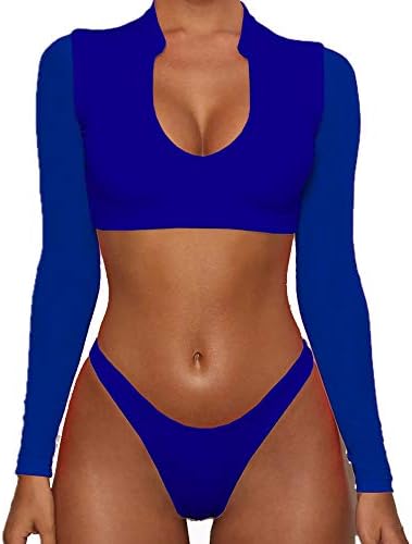 HETUAF Women High Waist Swimsuit Long Sleeve Cutout Thong Bikini Set with Mesh