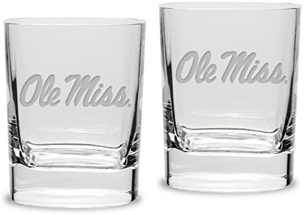 NCAA Mississippi Old Miss Rebels Adult Unisex Set of 2-14 oz Square Double Old Fashion Glasses Deep Etched Engraved, One Size, Clear