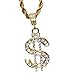 TUOKAY Fake Gold Rope Chain for Men with Dollar Sign Pendant Iced Out Necklace for Rapper, Sparkling Dollar Symbol Gold Chain for Rap Gangsta, 24 inches