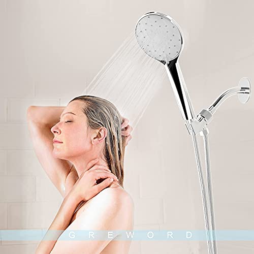 High Pressure Handheld Shower Head - 6 Spray Settings Hand Held Shower with 59\'\' Stainless Steel Hose, Adjustable Overhead Bracket and Wall Bracket, Built-In Power Wash Function