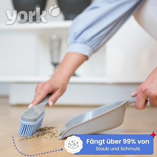 York Hand Brush and Shovel for Cleaning - Rubber Bristles Dustpan Set for Dirt, Hair and Dust Rubber Broom Sweeping Set (30 x 20 x 6), Grey Blue