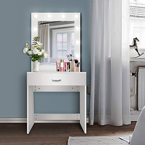 US Shipping Vanity Set with Lighted Mirror, YEEGO Makeup Vanity Dressing Table Dresser Writing Desk with Drawer for Bedroom Easy Assembly, White(10PCS Cool LED Bulbs) - Thumbnail 7