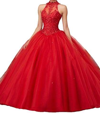 Jurong Women's Appliques High Neck Beads Long Pageant Quinceanera Dresses 8 US Red