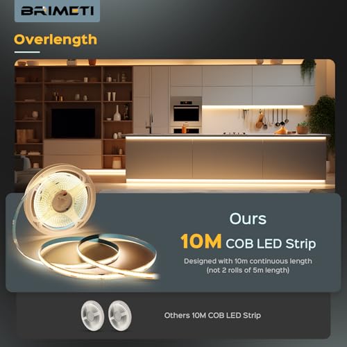 BRIMETI COB LED Strip 24 V 10 m LED Light Inner Tube Self-Adhesive 4000 K Natural White 320LEDs/M Strip Tape Width 8 mm for Kitchen, Living Room, Bar Parties (No Power Supply)