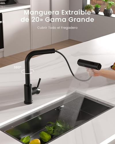 APPASO Grifo de cocina en cascada con rociador extraíble, grifo de cocina negro con rociador 3 modos, grifo mezclador de fregadero de cocina giratorio 360° de acero inoxidable SUS304 (Negro Mate)
