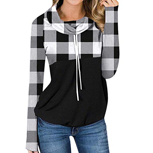 Moilant Tops for Womens Plaid Stitching T Shirt Long Sleeve Patchwork Collar Pullover Blouse White