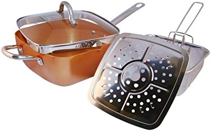 Copper Pan With Pour Spout, 8Piece. Square Pan With Round Handle, Glass Lid, Steamer, Frying Basket, Steamer Stands, Induction Base Non Stick, Dish Washer Safe